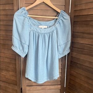 LOFT Sky Blue Gathered Sleeve Blouse